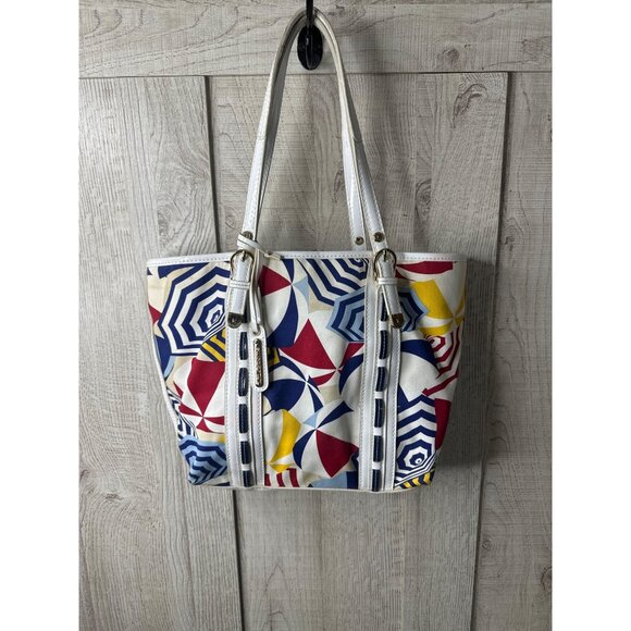 Liz Claiborne Handbag Beach Umbrella Print White Handles Red Striped Interior - Picture 1 of 11